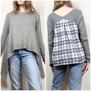 Anthropologie Moth Grey Handkerchief Hem Plaid Back Sweater